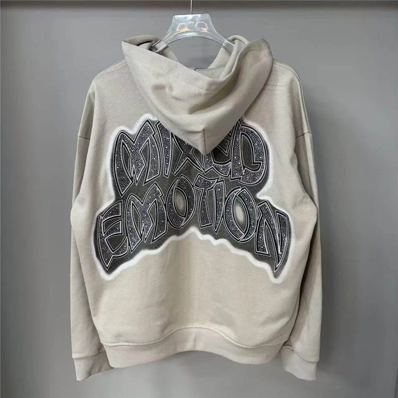 Mixed Emotion High Street Beaded Letter Print Hooded Pullover Sweater for Men and Women, Loose-Fitting Casual Coat