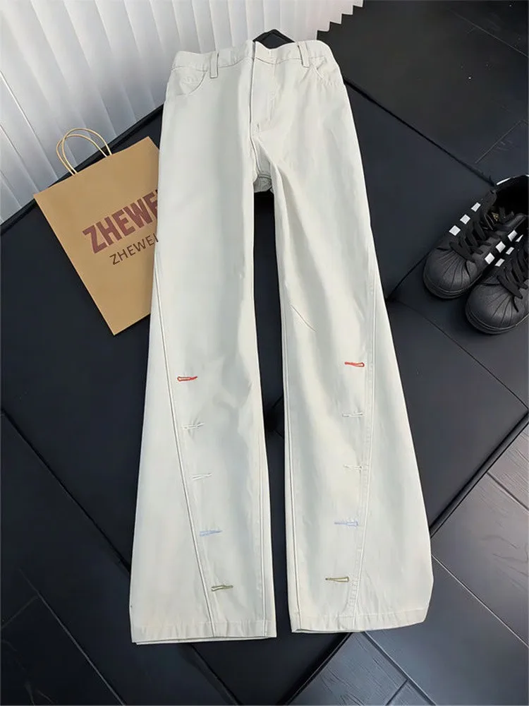 Embroidered Button Hole Slim Fit Straight Leg Jeans mid Waist Youthful Casual Wear Resistant Daily Use American High Street S...