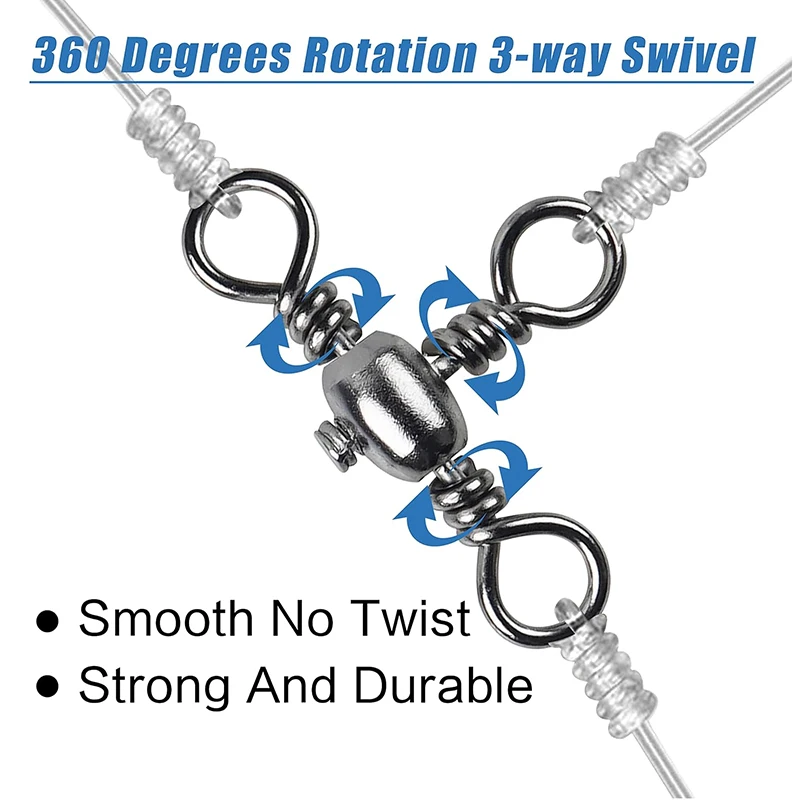 50 Pcs 3 Way Swivel with 360° Rotation,Strong T-Shape Swivel Rings for Saltwater Freshwater Fishing Tangle-Free Smooth Connector