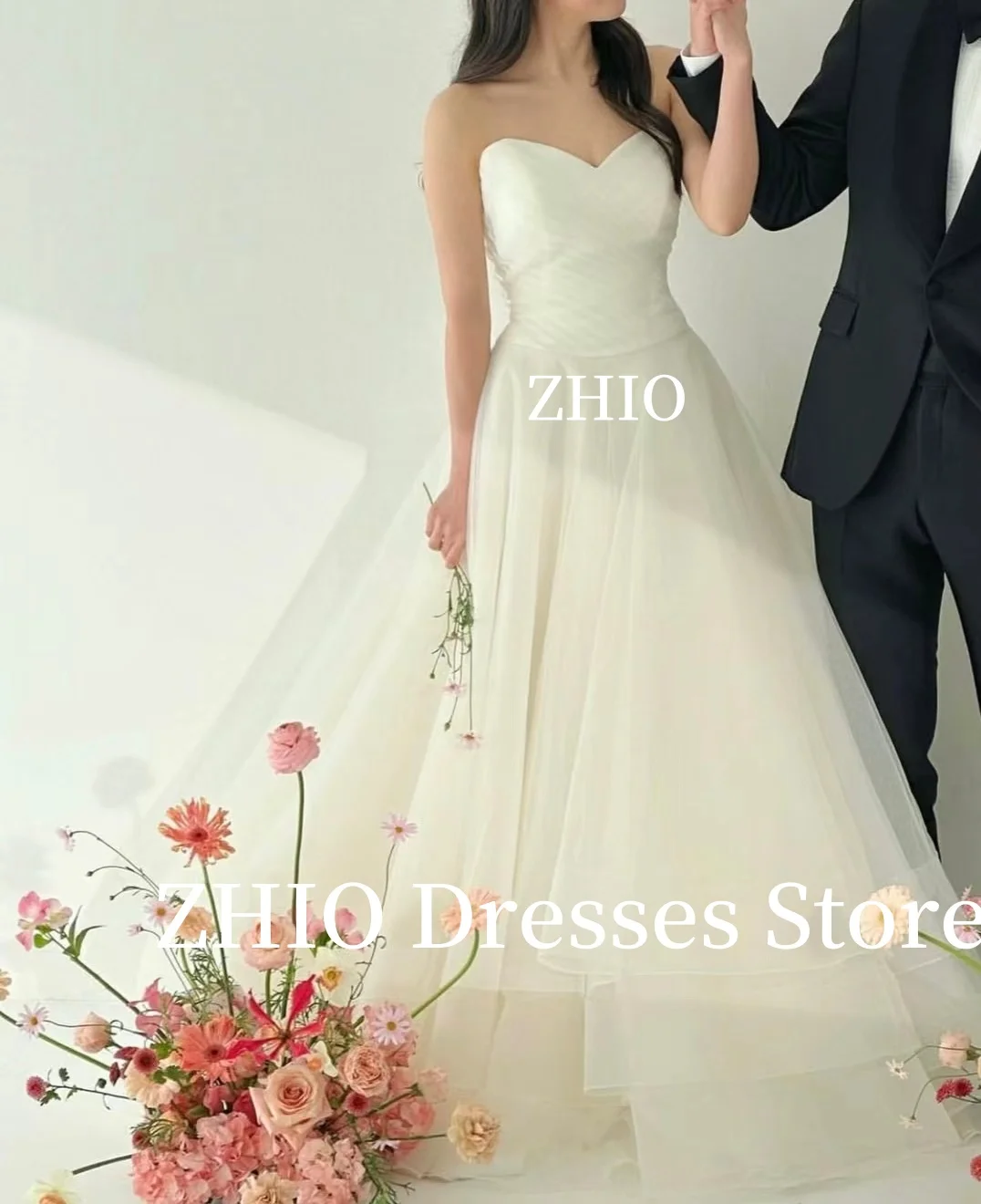 ZHIO Princess Wedding Dresses A-Line Floor Length Strapless Korea Photo Shoot Bridal Gowns Corset Customized Simple