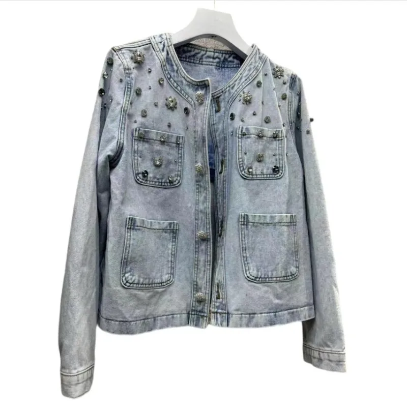 

2024 Spring Diamonds Beading Short Denim Jacket Women Fashion O-Neck Long Sleeve Single Breasted Casual Jean Coat Female Outwear