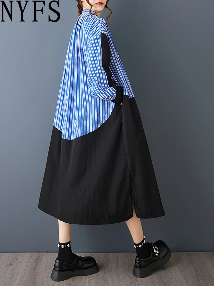 NYFS grande taille Vintage rayure Robe longue coupe ample automne 2025 à manches longues simple boutonnage chemise femmes Robe Robe