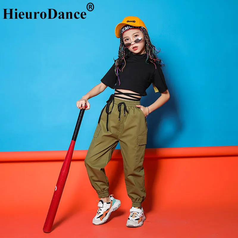 Abbigliamento Hip Hop per bambini Completo Costumi di danza per ragazza Camicia corta verde militare Top Pantaloni da jogging Jazz Ballo da sala Abbigliamento da strada