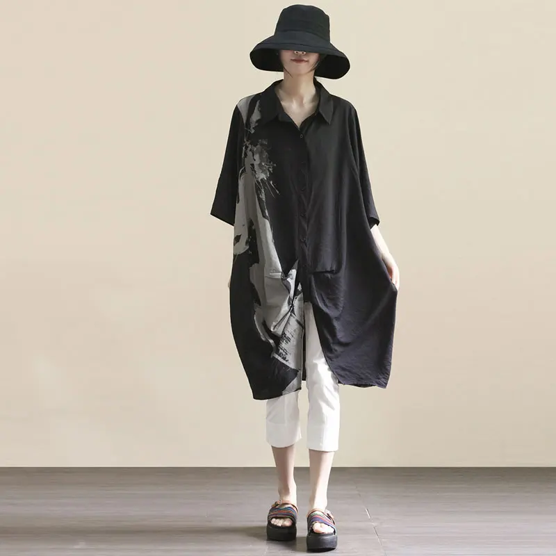 

Slimming Chic Dark Style Women's Shirt Dress Comfortable Oversized Short Sleeve Mid-Length Straight Cut Bamboo Cotton
