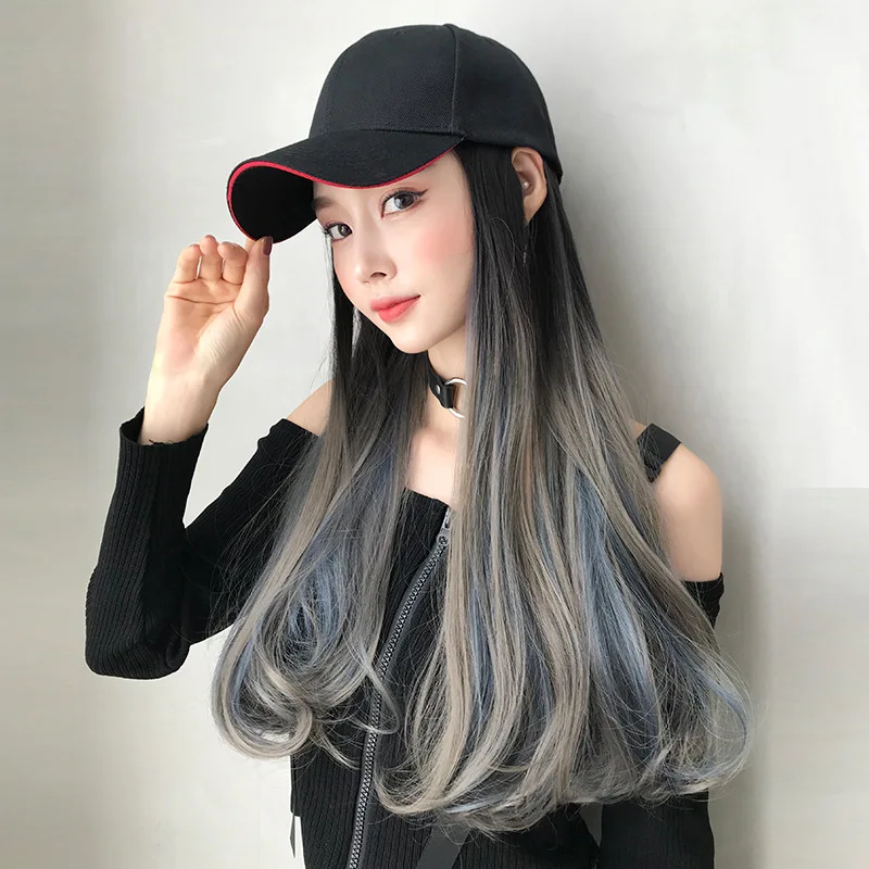 Women's New Black Baseball Cap And  Brown Blue Wig Long Curly Hat