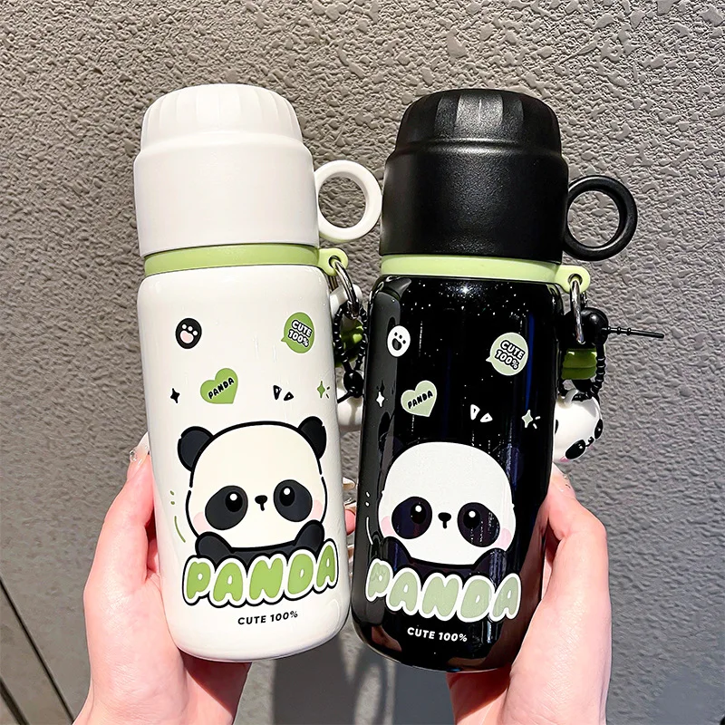 

Panda series fashionable handle thermos with built-in pouring cup lid independent red panda pendant water cup, dual drinking cup