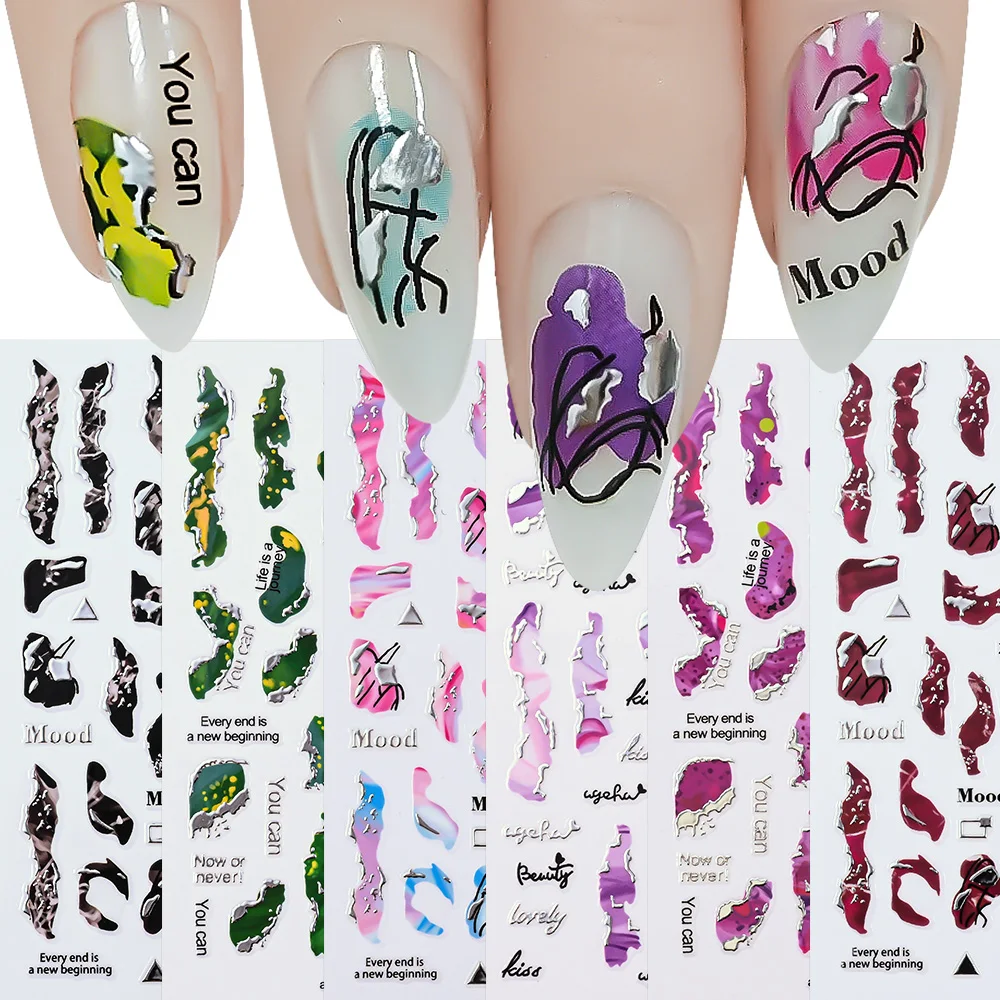 Autocollants 3D en marbre pour Nail Art, 6 feuilles, 10x8cm, auto-adhésifs, bronzants, or, argent, décalcomanies en acrylique, pointes françaises, DIY bricolage