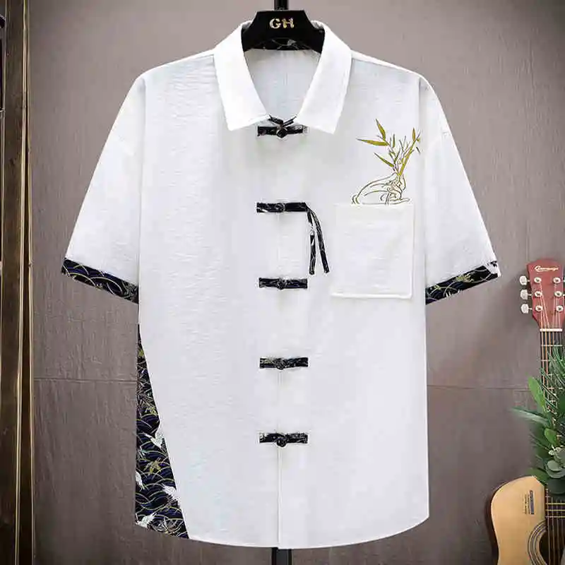 

Новая летняя мужская повседневная одежда из китайского ледяного шелка: модная молодежная рубашка с коротким рукавом на пуговицах, дышащая, в городском стиле