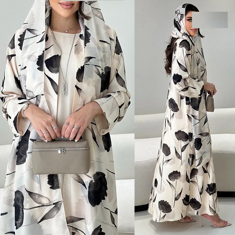 

2025 Muslim Women's Wear Cardigan with Scarf Long Sleeve Printed Robe Abaya W001