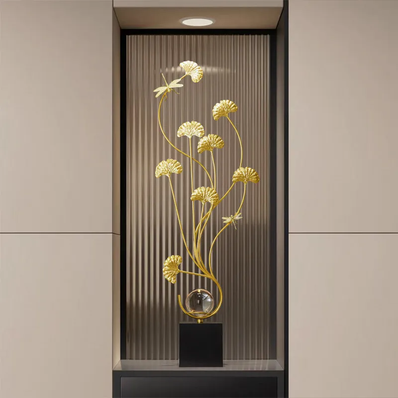 Luxury Golden Lotus Leaf Sculpture Dragonfly Crystal Ball Floor Statue Modern Home Decor Figurine for Entrance Living Room Gift