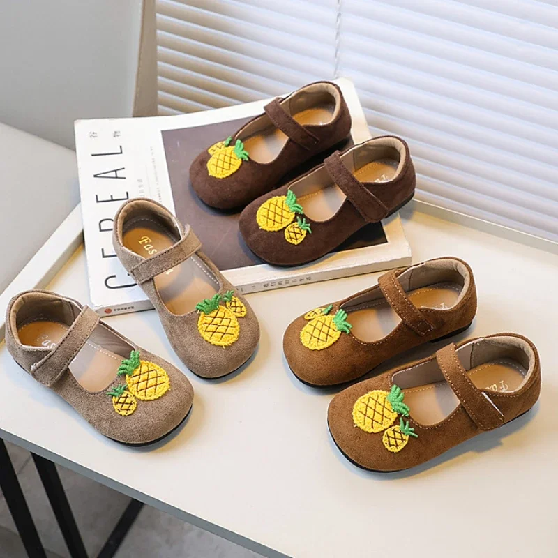Fashion Pineapple Girls Flat Moccasins Spring Versatile Children Leather Shoes Soft Bottom Causal Kids Cartoon Princess Shoes