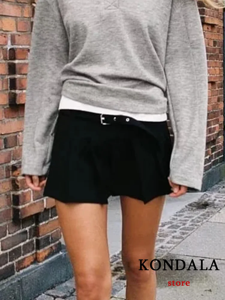 

KONDALA Vintage Casual Chic Women Shorts Skirt Solid Belt Zipper Pliad Shorts Skirt Fashion 2024 Spring Elegant Ruffles Shorts