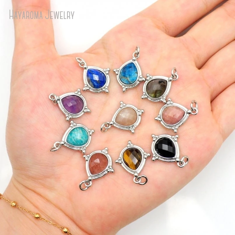 12Pcs Semi-precious Stone Rhodonite Stawberry Quartz Apatite Silver Color Water Drop Shape Teardrop Charms PM50456