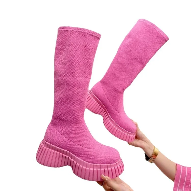 Pink Ladies Elastic Boots New Shoes Slip on Fashion Women Sock with Wedges Shoes Footwear Platform Botines Mujer Ankle Boots