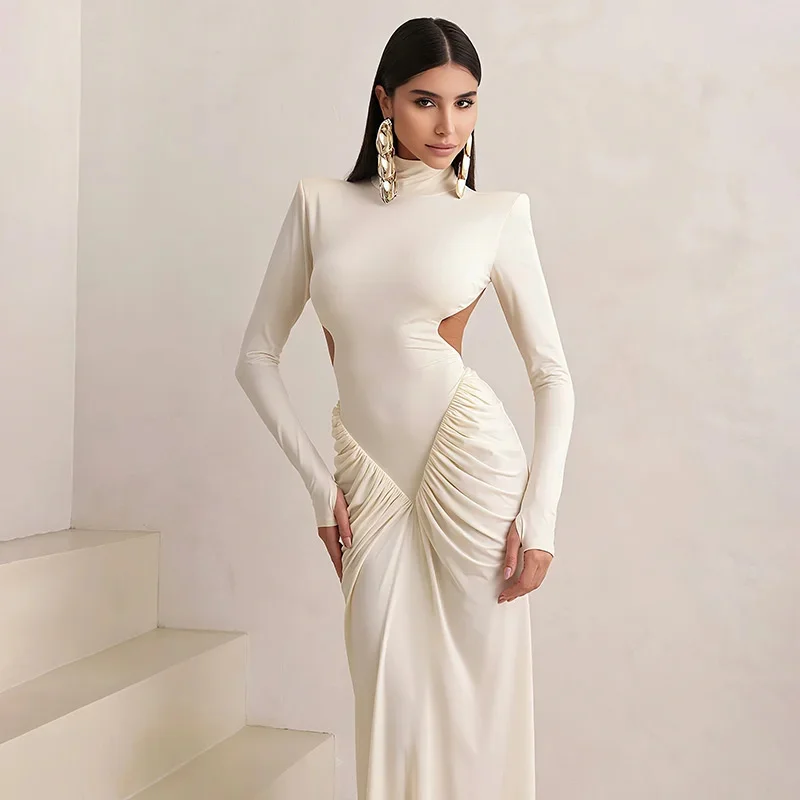 Elegant Full Sleeve Maxi Dress For Women Shirring Waist Straight Shoulder Backless High Street Evening Party Gown Vestidos New