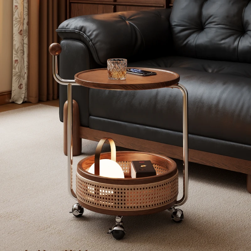 Solid wood rattan trolley medieval small round table double shelf