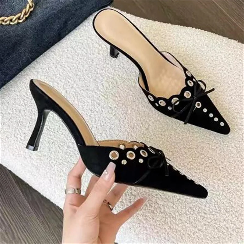 

Butterfly-knot Shoes for Lady Designer High Heels Pointed Toes Mules Studs Sandals Femme Velvet Sandalias Hollow Zapatos Mujer