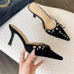 Butterfly-knot Shoes for Lady Designer High Heels Pointed Toes Mules Studs Sandals Femme Velvet Sandalias Hollow Zapatos Mujer