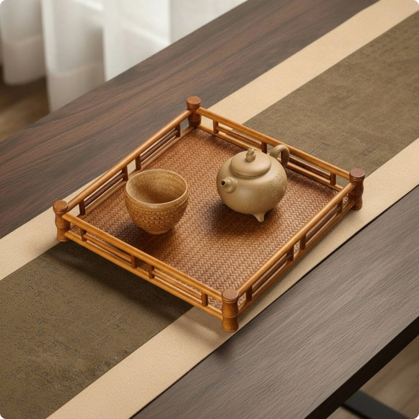 Tea Tray with Woven Panel Rustic Bamboo Tea Tray Easy to Clean Multi-Purpose for Tabletop Display
