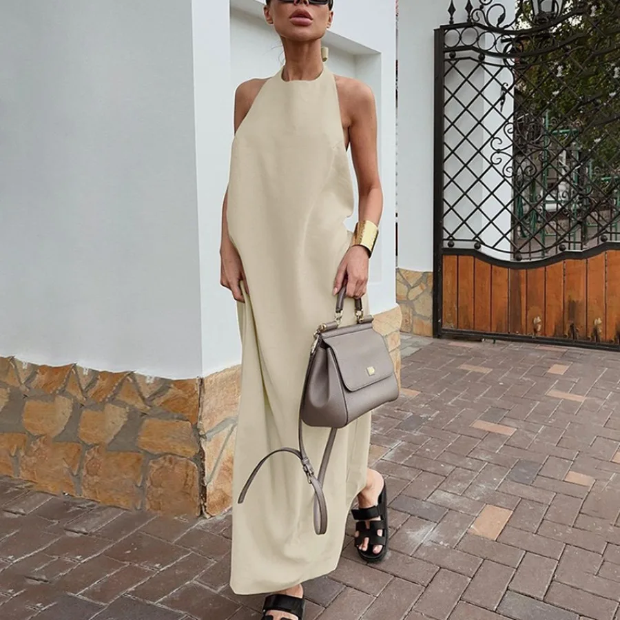 

【New style】Autumn cotton linen skirt French khaki hanging neck dress loose holiday wind vest skirt long skirt women's clothing