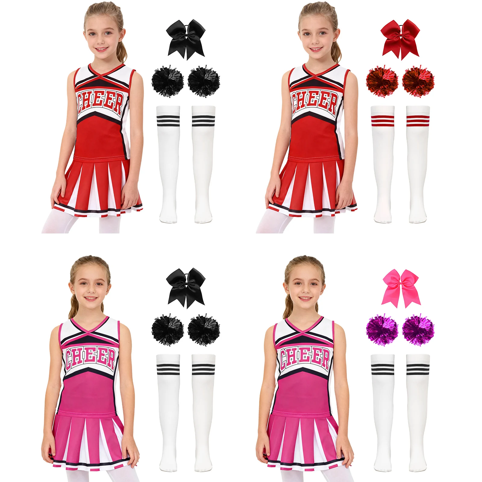 5 قطع يهتف زعيم الرقص أداء الزي إلكتروني طباعة أعلى مع تنورة Bowknot العلاقات الشعر شرابة اليد الزهور والجوارب مجموعات