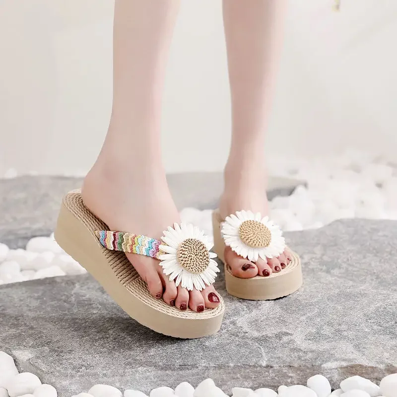 Women's Slippers and Ladies Sandals on Beach Kawaii Shoes Open Toe Outside Slides Wedge Heel Cute Flower Thick Offer H Sandal Y