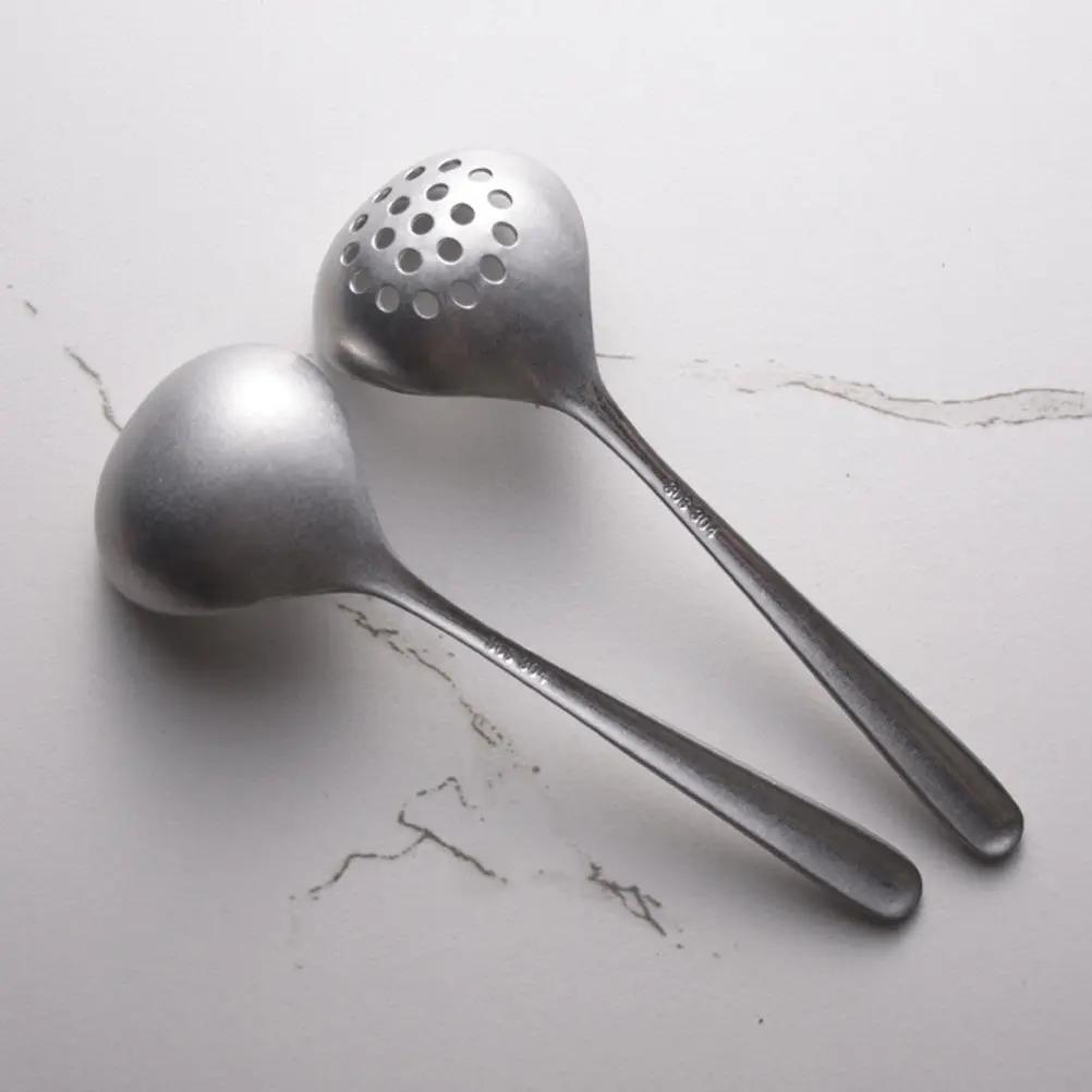 1Set Stainless Steel Hot Pot Ladle Set Slotted Strainer Ladle with Slender Wide Handle for Soup Gravy Sauce Serving Korean Retro