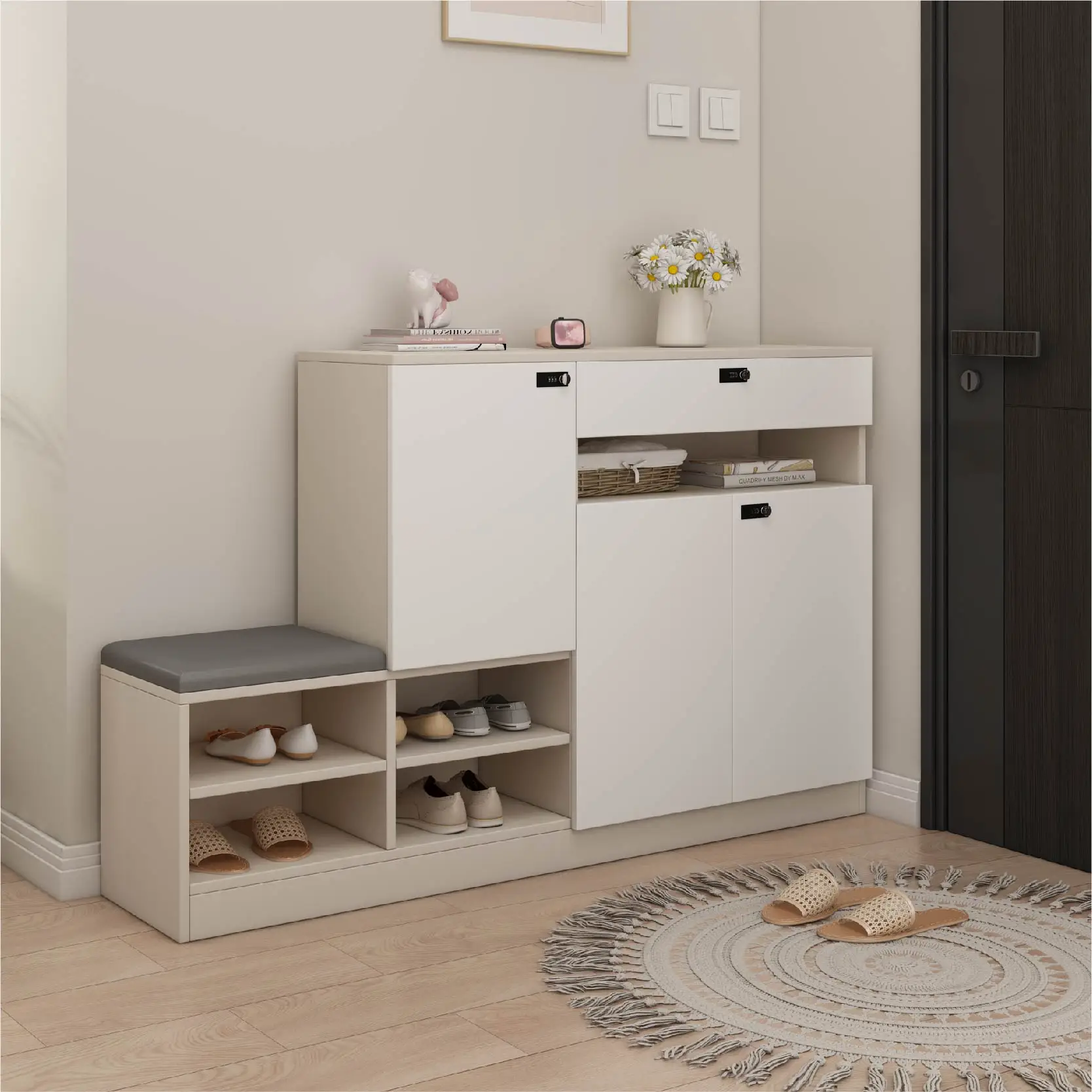 LMM solid wood shoe cabinet with shoe change stool entry door, household with lock light luxury entrance, living room entry door