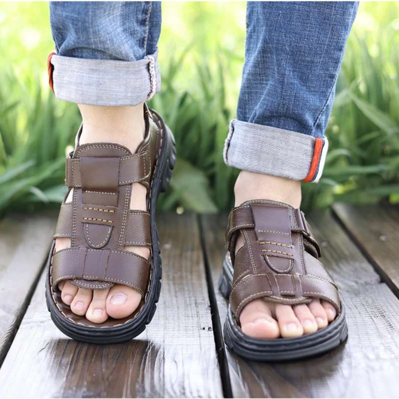 Men's Beach Shoes Cowhide Slippers Men Outdoor  Non-slip Thick-soled Leather Sandals Comfortable Leather Slippers