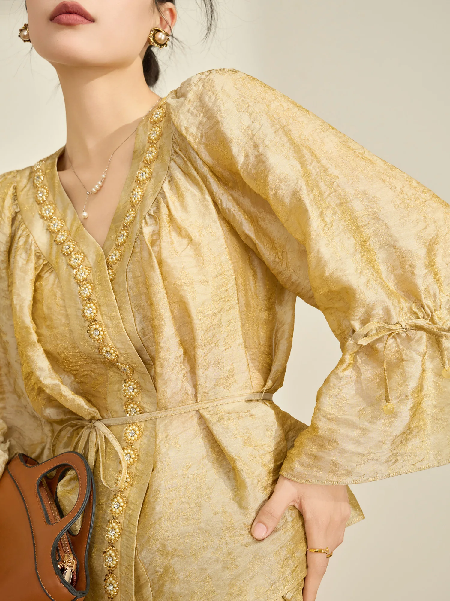 

Flowing Era Early Spring Beautiful New Chinese Style National Trend Yellow V-Neck Embroidered Shirt Wide Leg Pants Set Women