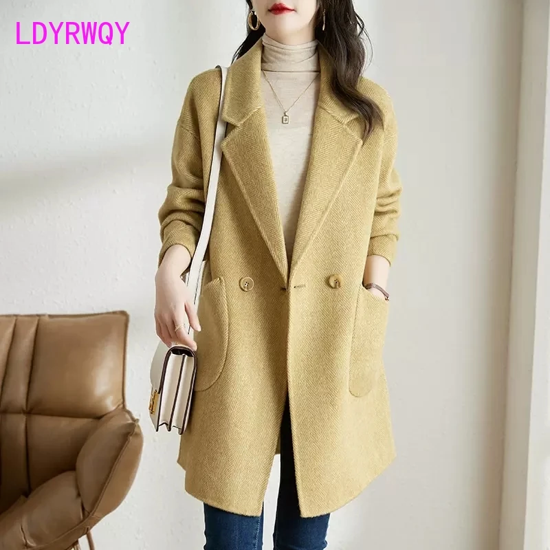 Pink Korean Style Thickened Woolen Coat 2022 Autumn/Winter New Herringbone Pattern Coat Women's Mid length