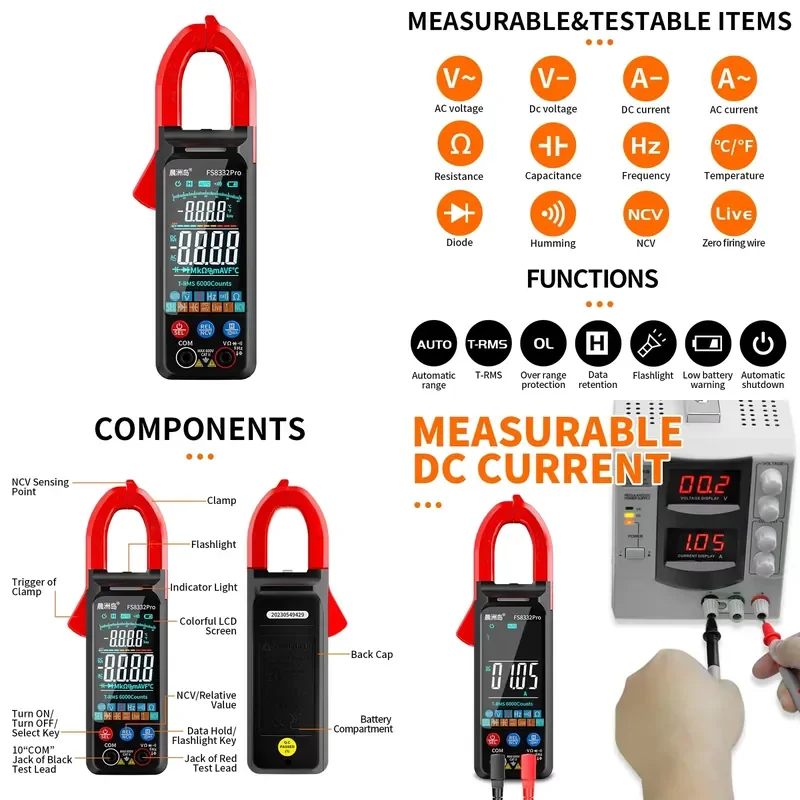 Measurable DC Current Full Functions Auto-ranging Digital Clamp Meter Multi Tester Multimeter with 2.5