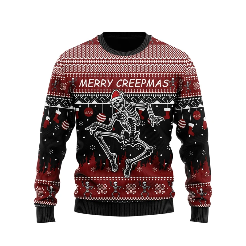 Santa Claus Skull Graphic Sweatshirts Funny Skeleton Ugly Sweater Xmas Holiday Crew Neck Sweatshirt Christmas Unisex Pullover