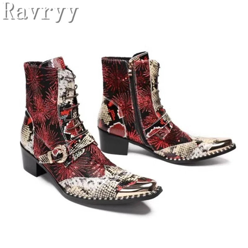 Men Chelsea Boots Metal Square Toe Belt High-Heeled Short Western Cowboy Boots Genuine Leather Printing Stage Show Party Boots