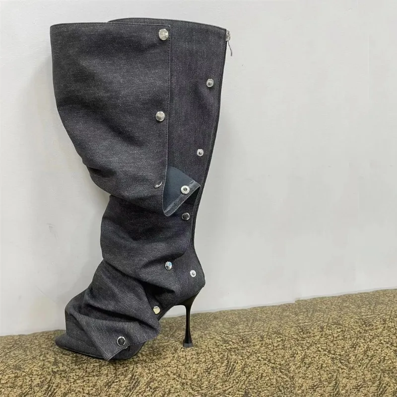 

2024 Brand 10cm High Heel Long Boots Detachable Two Wear Winter Pointed Denim Boots New Metal Rivets Knee High Boots Size 35-45