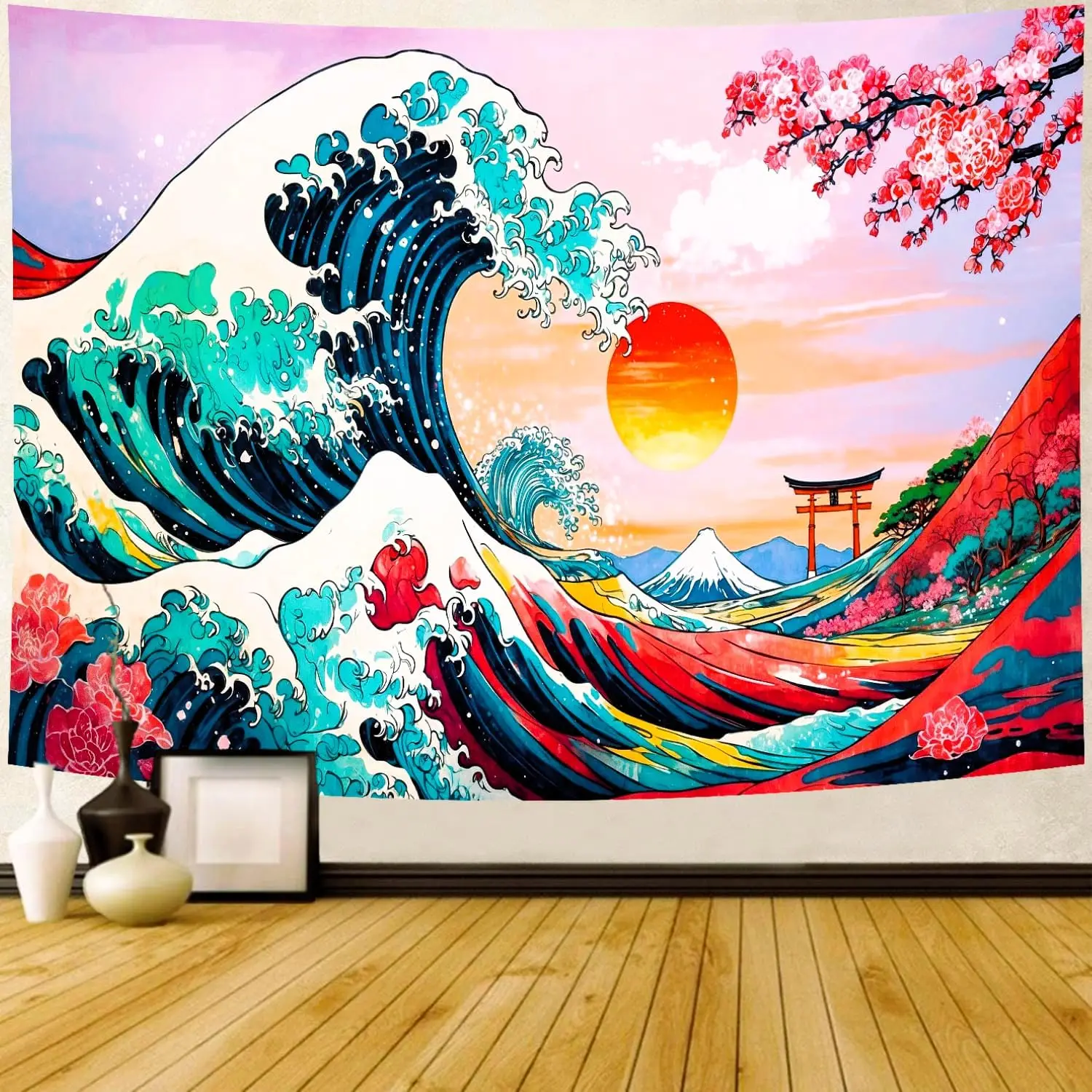 Japanese Sunset Ocean Sea Wave Off Kanagawa Tapestry Wall Hanging Vintage Asian Anime Cherry Blossom Nature Headboard for