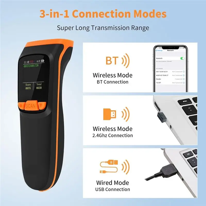 Stylish-Wireless 2D Inventory Scanner Bluetooth QR Barcode Data Collector Portable Warehouse Inventory Reader With Display