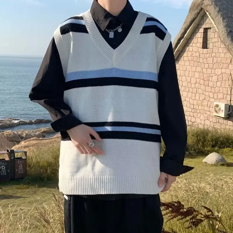 

Loose V-Ne Knitted Vest ex Casual Color Blo Svel Sweater College Sle JK orm Loose Fit Men's Faion Autum...