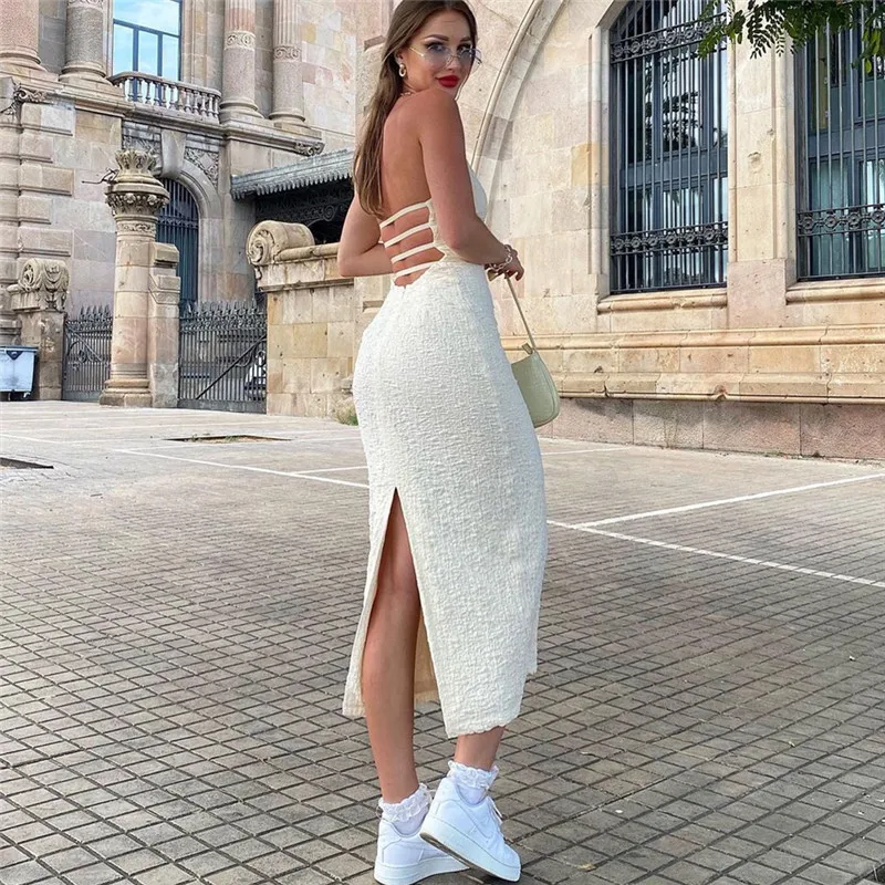 Xeemilo Elegant Strapless Halter Dress Women Sexy Low-cut Backless Texture Dresses 2024 Autumn Slim Bandage High Streetwear Robe