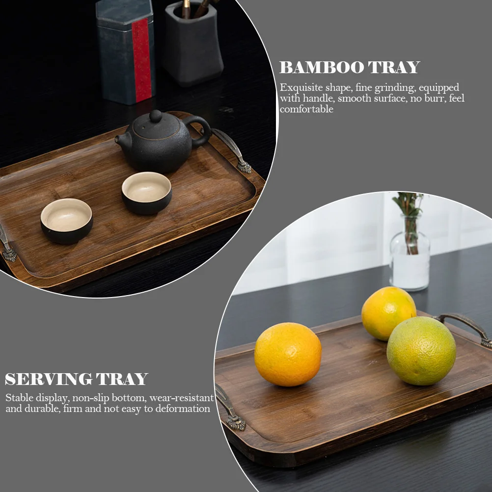 

Rectangular Bamboo Tray Metal Handle Food Service Snack Tray Fruit Bread Dessert Display for Home Bamboo Tableware