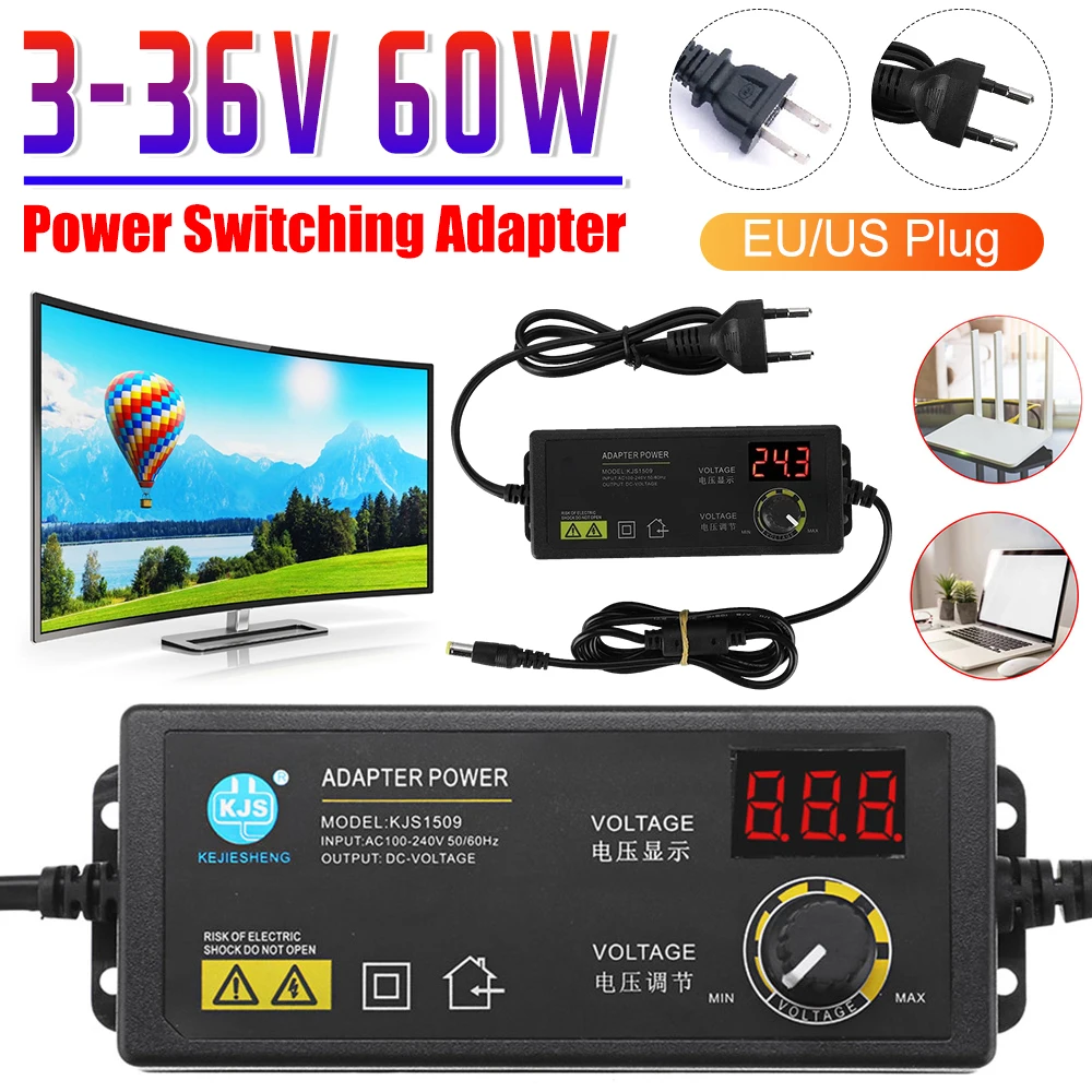 Adjustable Voltage Power Supply Adapter 3-36V 60W Power Switching Adapter LED Digital Display Universal Charger for Game Player