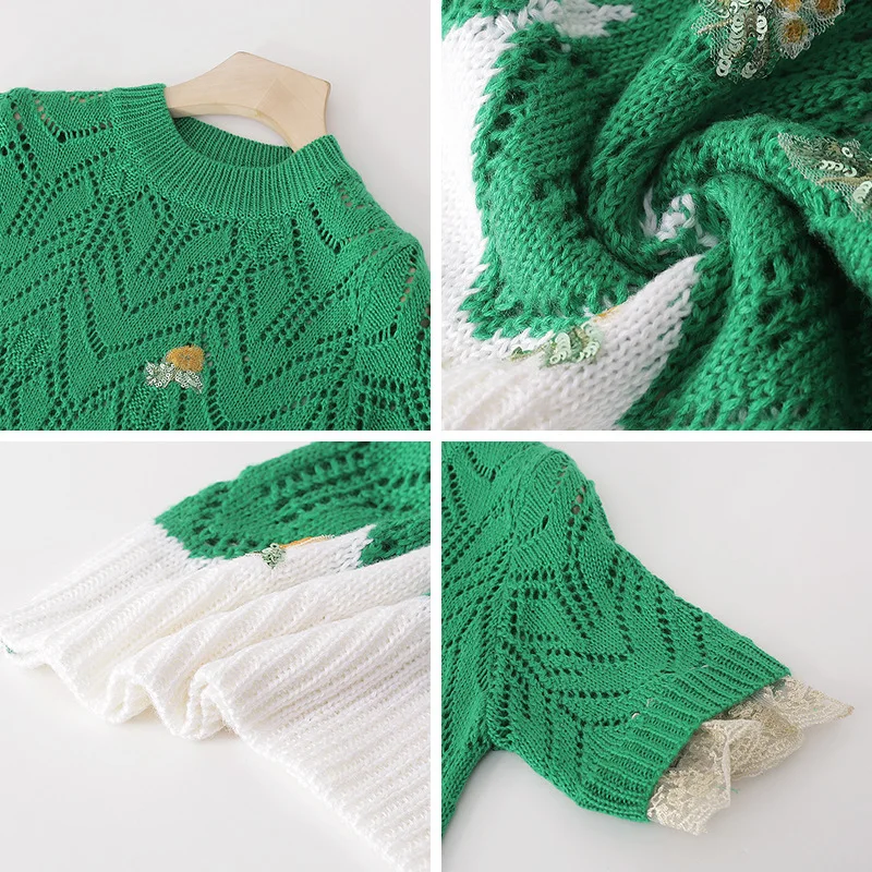 Sequins Crochet Hollow Collision Knit Sweater Loose Short Green Knitwear Tops Autumn/Winter Woman Clothing