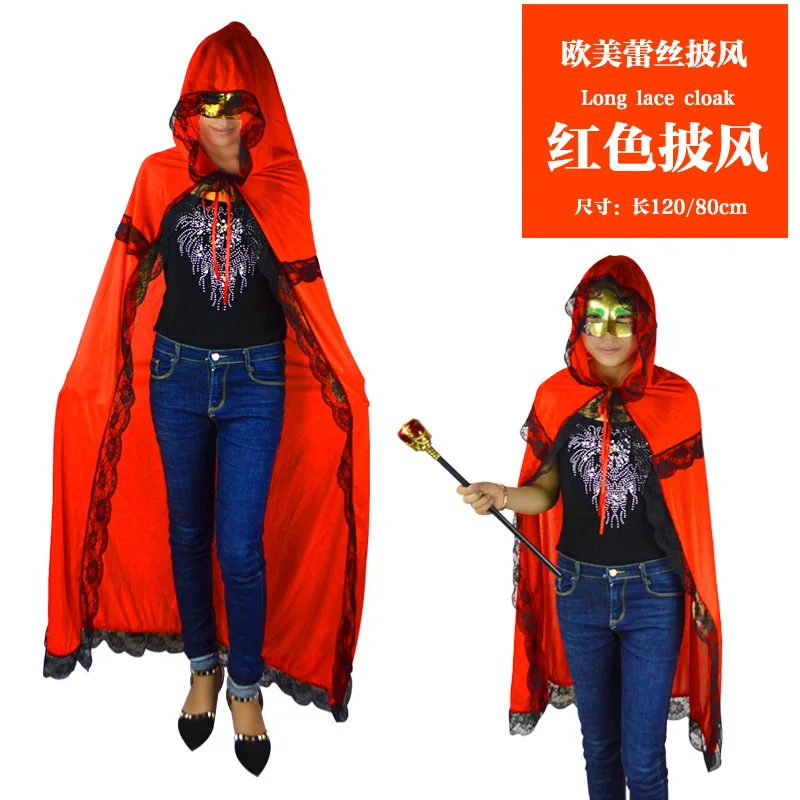

Sexy Costumes Holiday Prom Performance Dresses Red Shawl Cloak Little Red Riding Hood Costume Lace Cloak Party Halloween Props