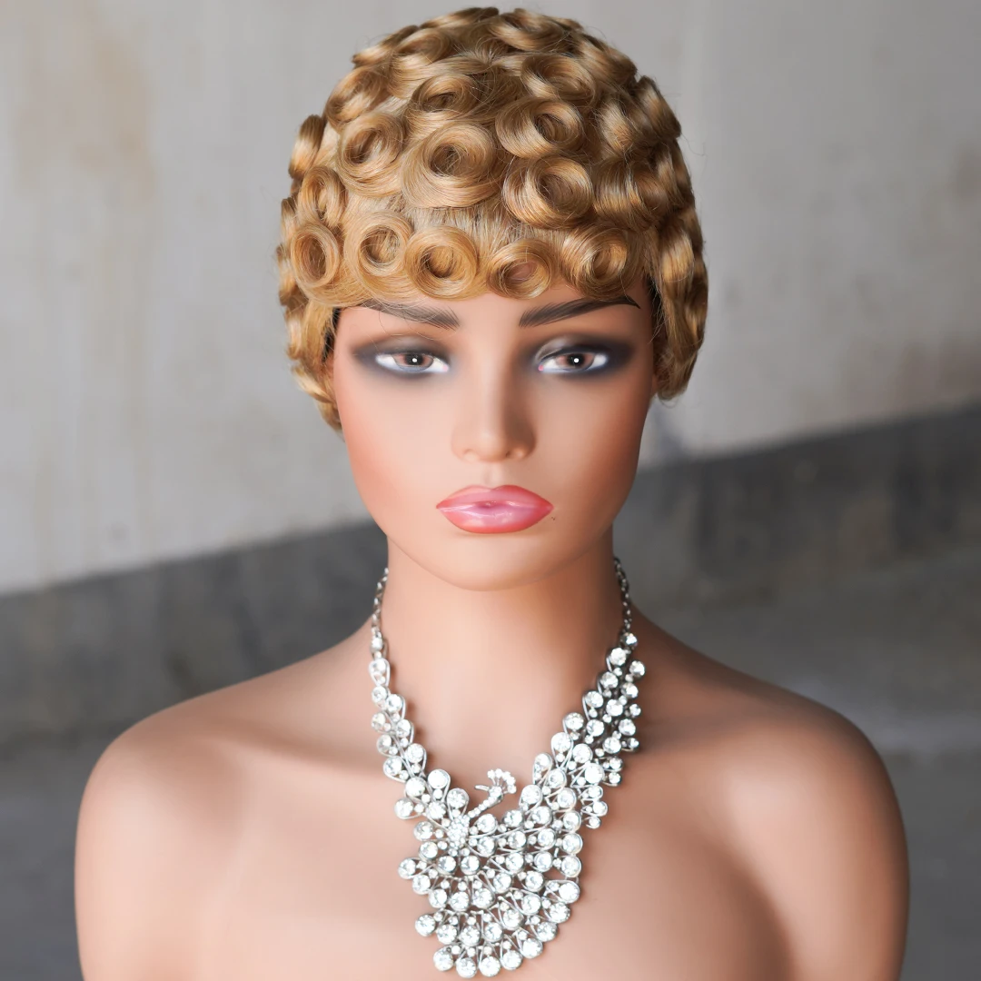 Farbe P427 Echthaar Lockige Pixie-Cut Kurzhaarperücken für Frauen 150% Dichte 6 Zoll Remy-Haar Vollständig maschinell gefertigte Perücken – Detail 4