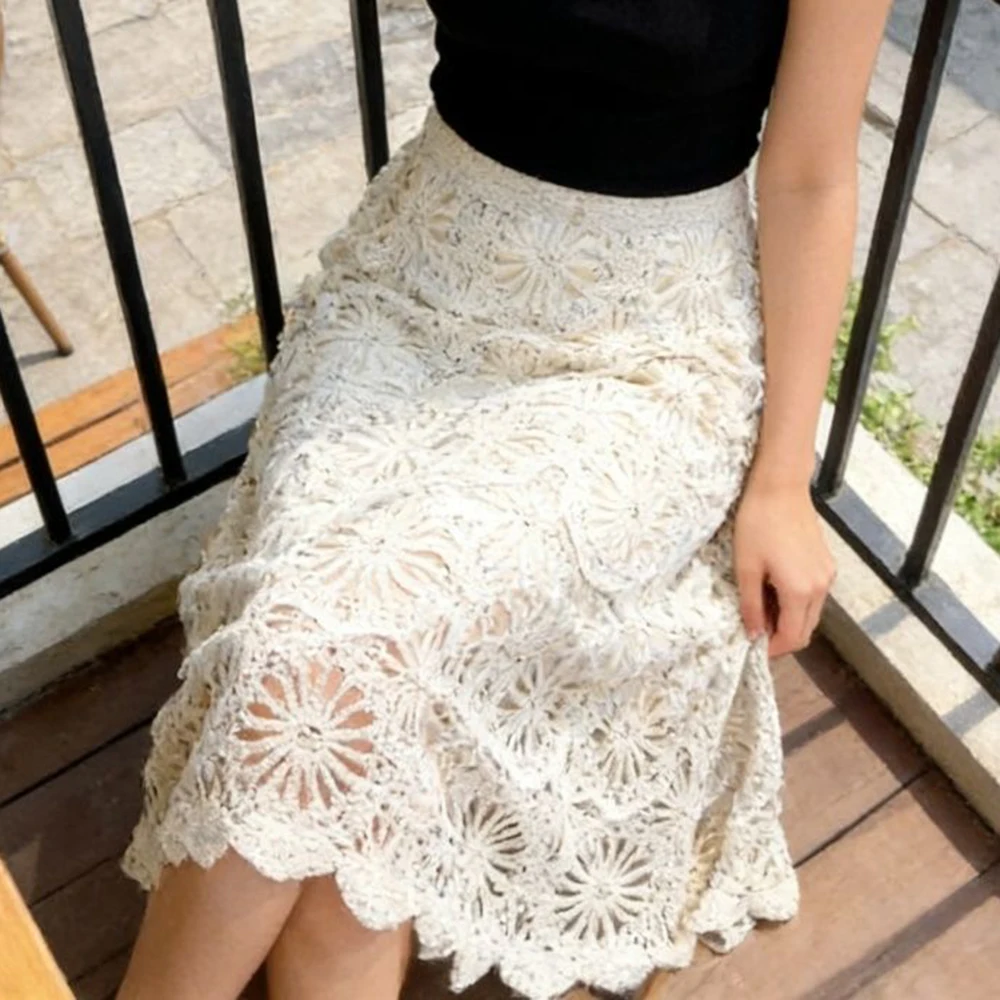 

2026 spring/summer skirt hooked cut-out sequin cotton slimming skirt niche concept embroidered mid-length model