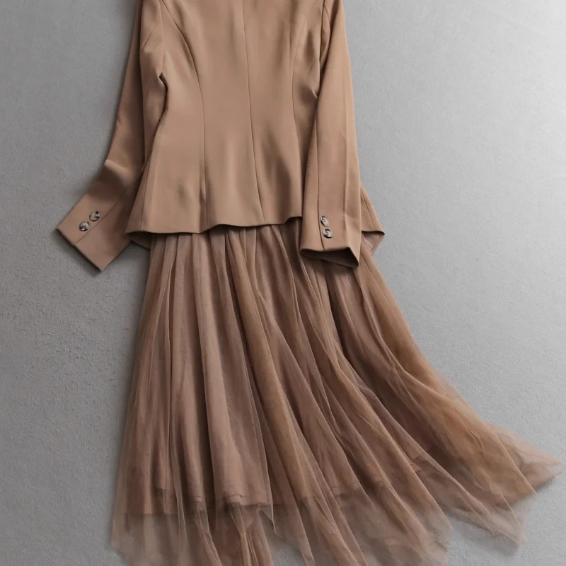 Cor sólida terno de deslocamento colarinho terno de duas peças vestido 2025 outono novo vestido de malha de manga comprida blazer roupas femininas w1325