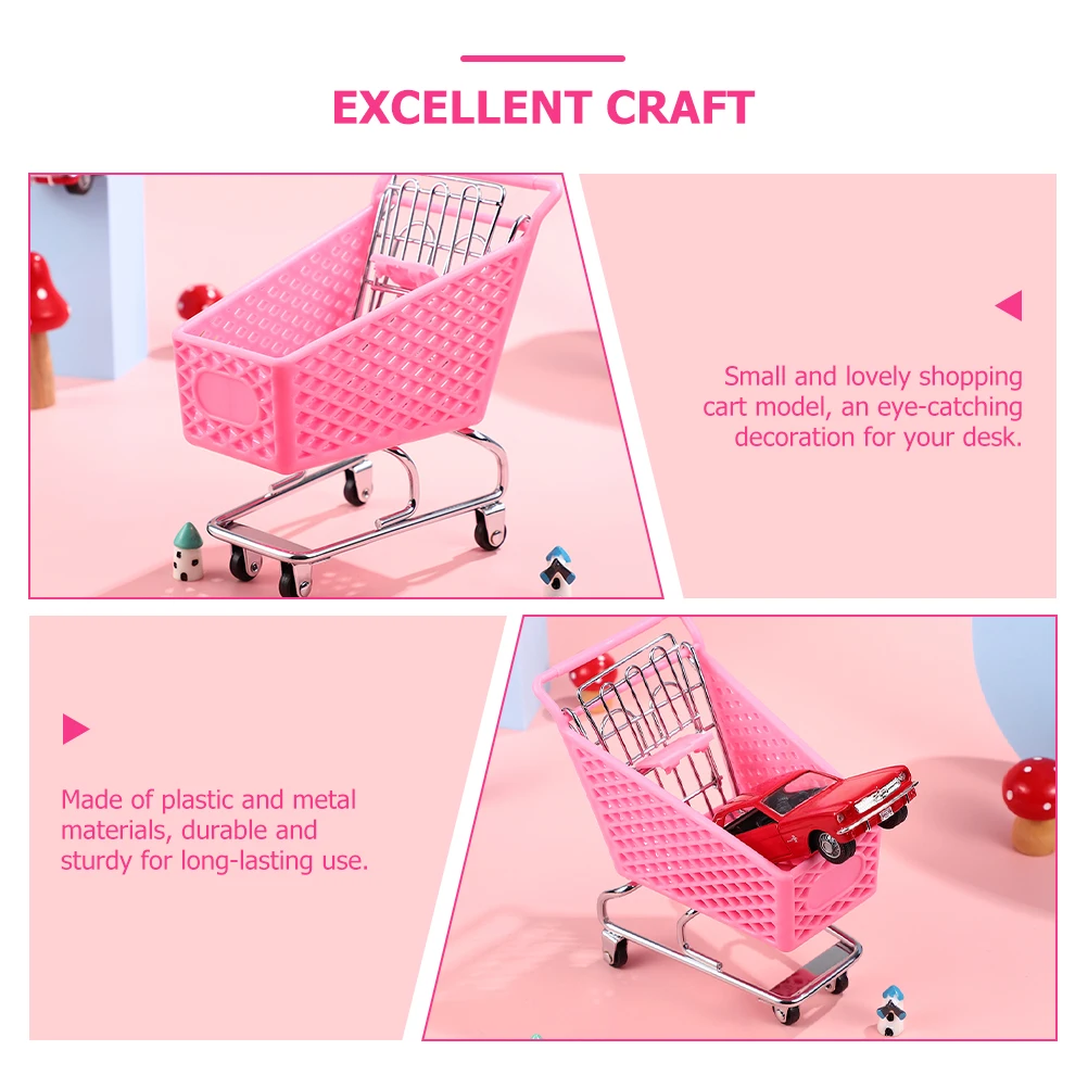 

Mini 4 Pink Shopping Cart Toy Miniature Supermarket Cart Small Rolling Plastic Trolley Desk Organizer Storage Xmas Gift