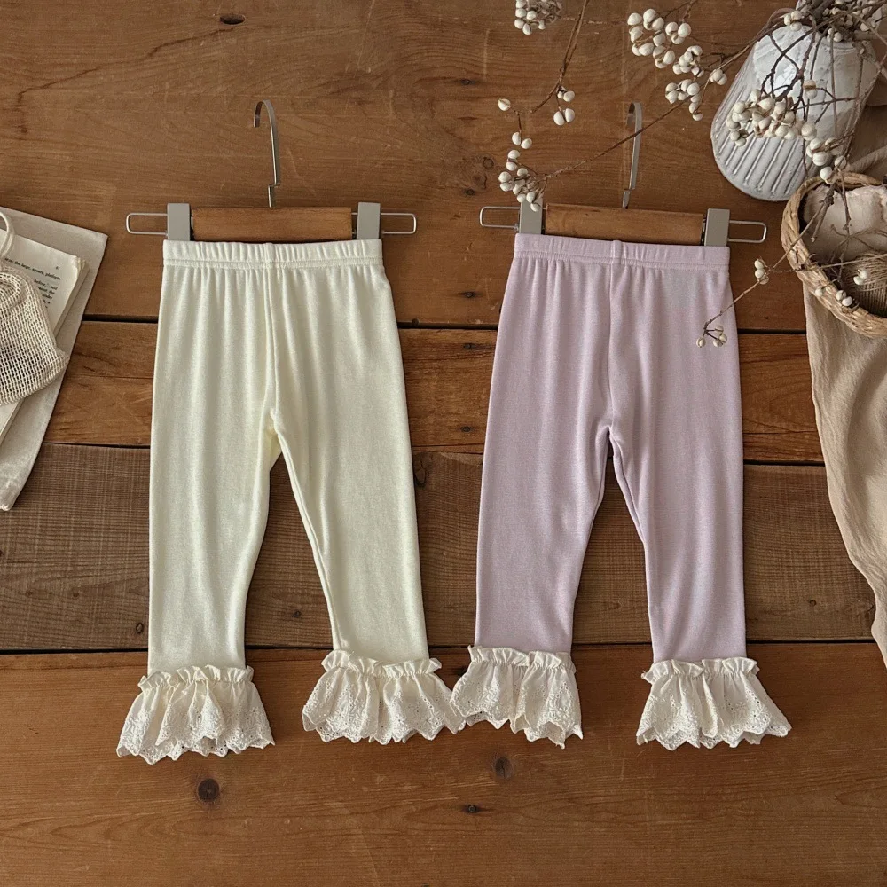 2026 Autumn New Baby Girl Cotton Leggings Princess Lace Flared Trousers Infant Girls Casual Pants Solid Toddler Clothes