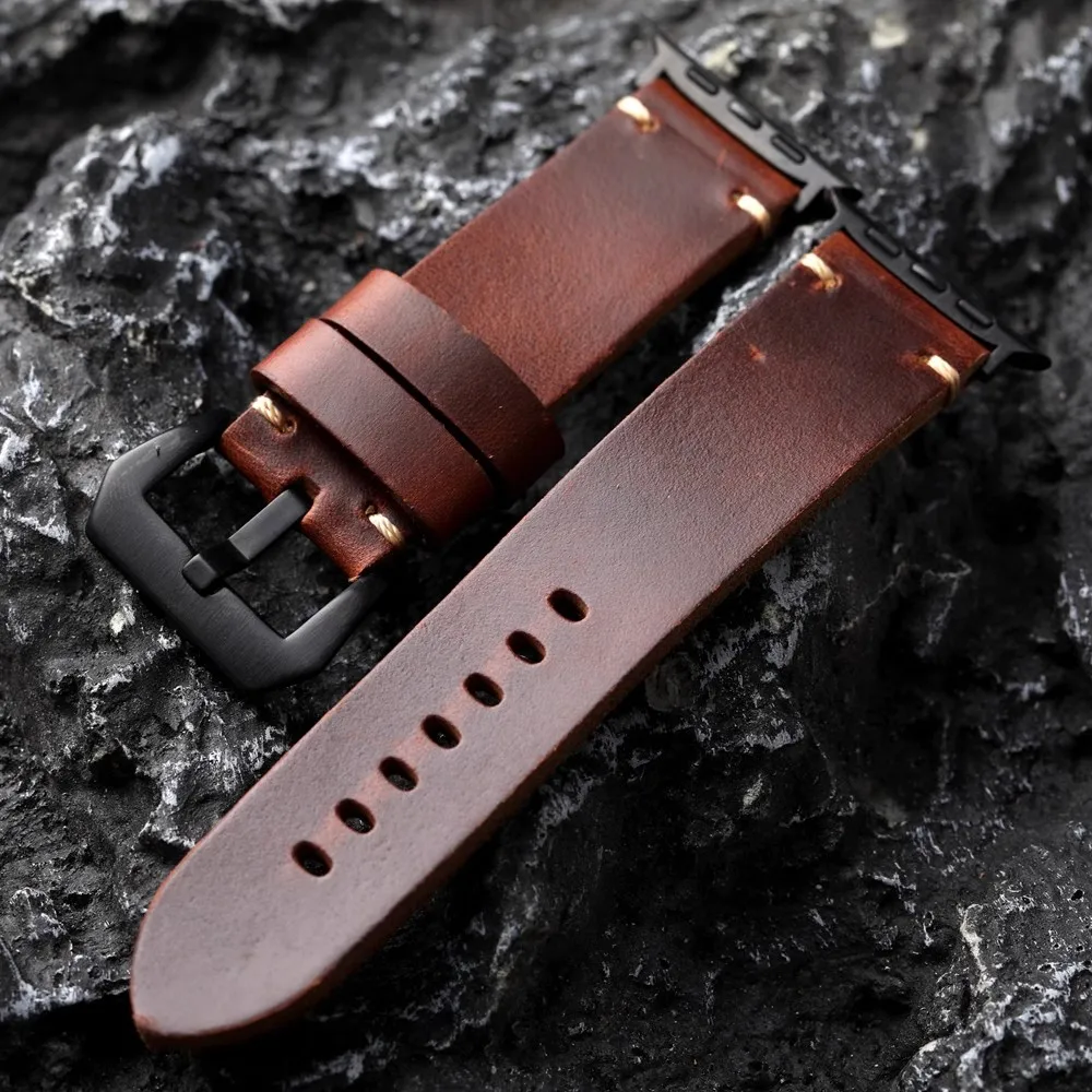 Handmade Top Layer Cowhide Strap 44MM 45MM 49MM Suitability For Apple Watch S9 Ultra2 Brown Thick and Durable Leather Bracelet