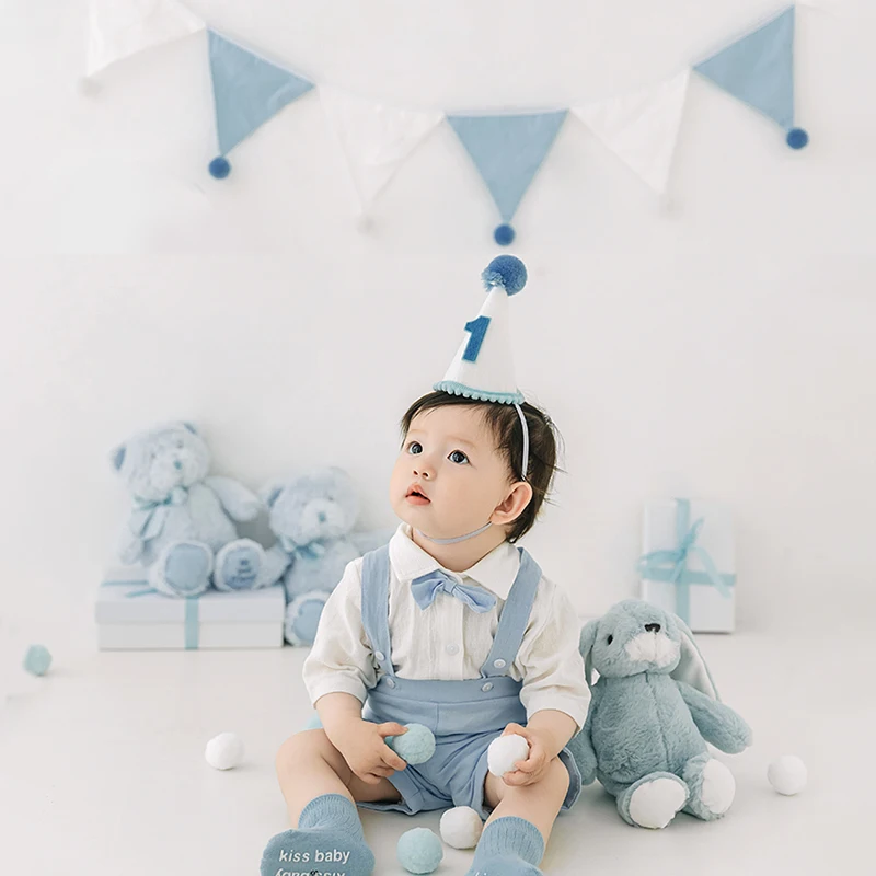 100 Days Baby Shoot Clothing Infant Photography Props Blue Bear Bunny Toy Boy Gentleman Suit Birthday Hat Plush Ball Shoot Prop